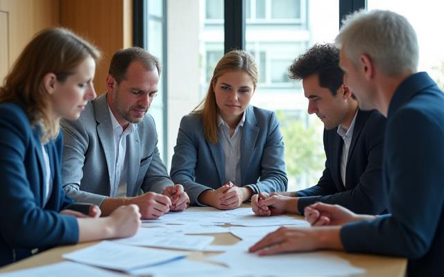 Collectivité publique présentant des documents administratifs dans un bureau moderne